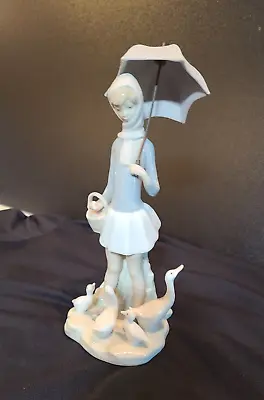 Lladro Porcelain Retired Figurine 4510 Girl With Umbrella Basket Ducks & Geese • $49