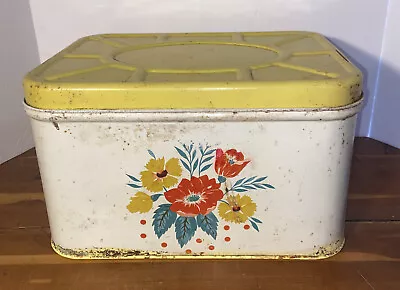 $35 • Buy Bread Box  Vintage Primitive Cottage Metal Tin Yellow & White Retro Flowers