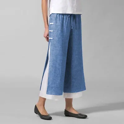$21.19 • Buy Plus Size Women Elastic Waist Denim Look Ladies Wide Leg Pants Cropped Trousers