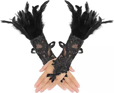 Women'S Feather Lace Long Gloves Black Gothic Mesh Gloves Fingerless Witch Glove • $14.99
