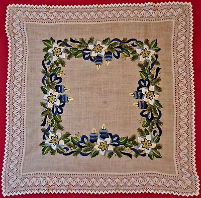 Vintage Christmas Decoration Bells Embroidery Lace Frame Beige Square Tablecloth • $25.99