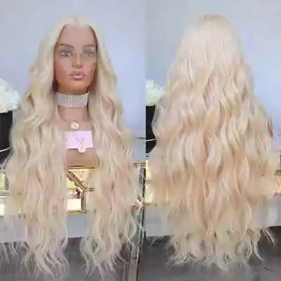 T Lace Front Wigs Bleach Blonde Heat Resistant Synthetic Hair Water Wavy Long • £25.99