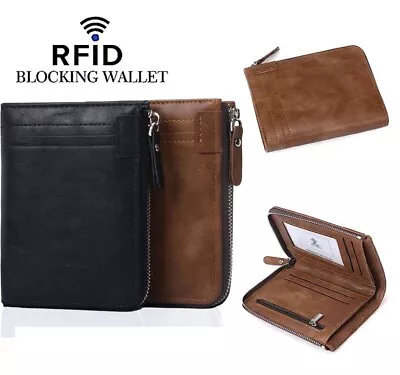 Mens RFID Blocking Bifold Leather Wallet ID Credit Card Holder Zipper Wallet • $10.95