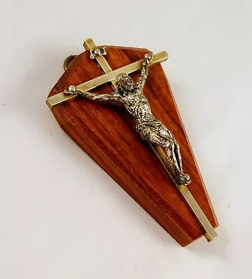 Vintage Wooden Crucifix Cross Wall Hanging Brass Religious Small Pendant • £12