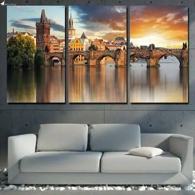 Prague Czech Republic European City Cityscape River Bridge Framed 3 Piece Canvas • $249