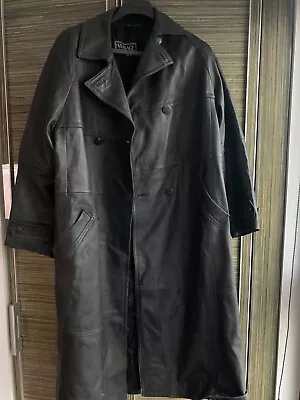 VERSACE Leather Jacket Black Long Coat Topcoat Overcoat  XL - XXL Vintage • $399