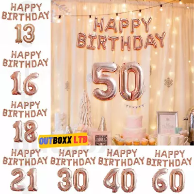 Rose Gold Happy Birthday Balloons Foil Number 16th 18th 21st 30th Age Decoration • £4.45