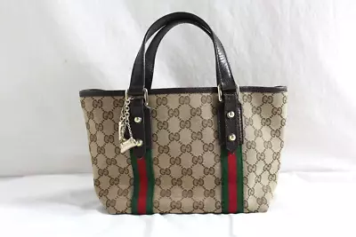 Auth GUCCI Mini Tote Bag Hand Bag GG Canvas Sherry Line 139261 Beige Brown • $165