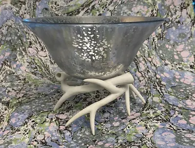 Antiqued Mercury Glass & Ceramic Antler Stand Glass Bowl Centerpiece • $24.95