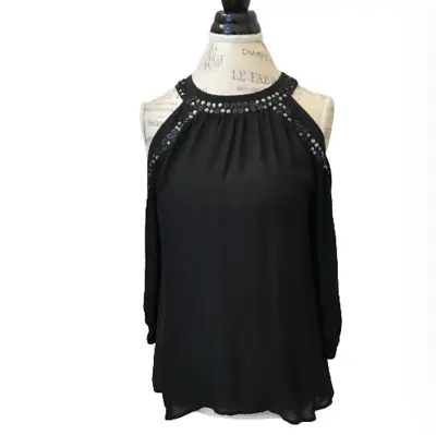 Madison Marcus Halter Top Shirt Womens Small Black Cold Shoulder Sequins Silk • $28.74