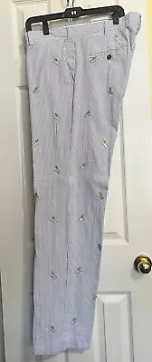 Castaway Nantucket Blue & White Seersucker Pants Embroidered Mint Juleps 36x34 • $62.95