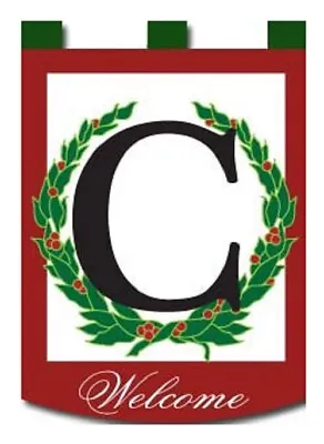 Red Berry Wreath Christmas Monogram “C”-House Flag-Double Sided Appliqué-29”x42” • $12.95