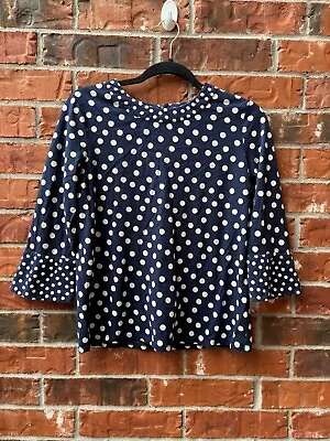 Boden Womens 8 Navy Blue Polka Dot Keyhole Long Sleeve Knit Top • $19.99