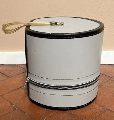 VINTAGE HAT WIG BOX Round Zipper Handle Carry On Case Gray Retro  10  X 9  • $39