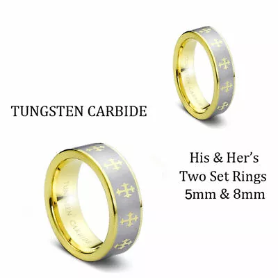 His 8MM  &   Her's 6MM Gold Plated Celtic Crosses Tungsten Carbide Ring Sets • $42.60