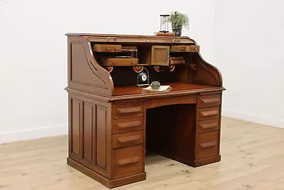 Roll Top Antique Walnut Office Or Library Desk Leather #48080 • $3500