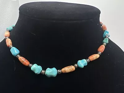 Vintage 925 Sterling Silver Beaded Coral Turquoise Choker Necklace Southwest • $30