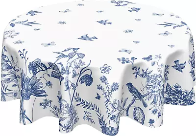 Blue White Floral Round Tablecloth 60 Inch Spring Summer Tablecloth Chinoiserie  • $258.88