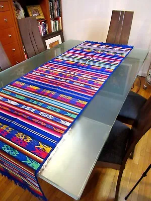 Mexican Maya Aztec Colorful Fringed Table Runner 64  X 19  - Made In Mexico • $42.33