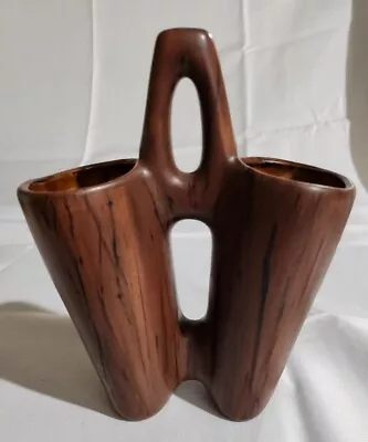 Mid Century Pottery Double Vase Utensil Holder Planter Faux Wood 7.75 T • $14