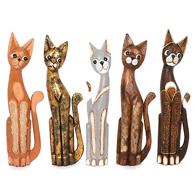 Wooden Cats Hand Carved 60 Cm Bali Solid Wooden Fair Trade Standing Painted Cats • £18.55