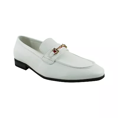 Men's White Leather Slip On Gold Buckle Dress Shoes Loafers Formal By AZARMAN • $59