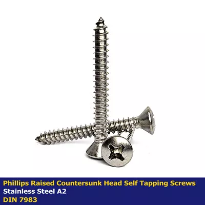 No6 - 3.5mm PHILLIPS RAISED COUNTERSUNK SELF TAPPING SCREWS SS-A2 DIN 7983 • £13.99