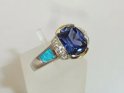 Ladies Ring Sterling 925 Solid Silver Opal Sapphire & 2 Carat Tanzanite Ring • £34.42