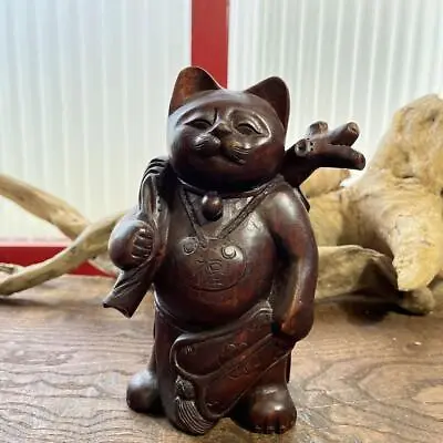 Japanese Wood Carving Beckoning Cat Figurine Antique Vintage Feng Shui Good Luck • $239.99