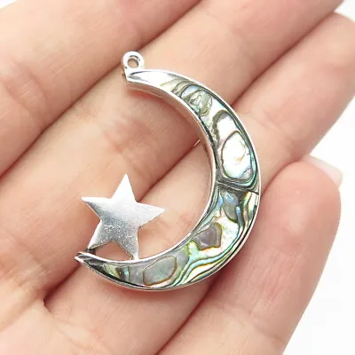 925 Sterling Silver Vintage Real Abalone Shell Crescent Moon & Star Pendant • $34.95