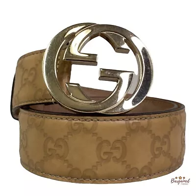 Authentic GUCCI Beige Guccissima Leather Interlocking G Gold Buckle Belt 80/32 • $350