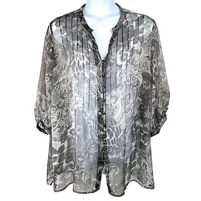 Maggie Barnes Top Blouse Plus Size 3X 4X 5X Measured Black & Gray Print Sheer • $9.50