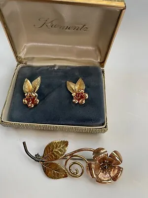 Set Krementz Rolled Gold Overlay Flower  Screw Earrings & Brooch Box VINTAGE DS3 • $32