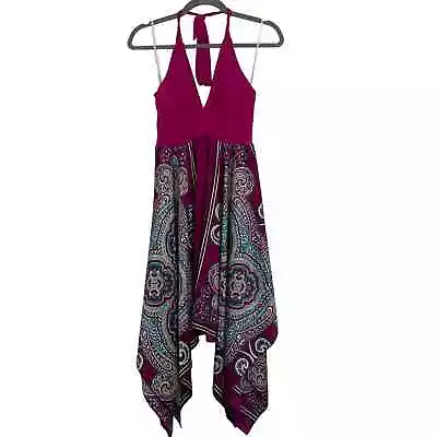 Point V Neck Halter Sundress Magenta Purple Paisley Pattern Built In Cup Women S • $24