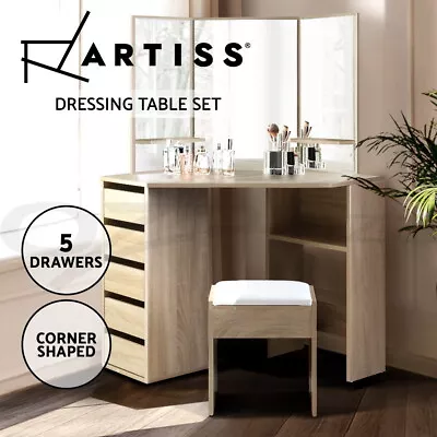 $169.95 • Buy Artiss Corner Dressing Table Makeup Mirror Stool Set Jewellery Organizer Oak