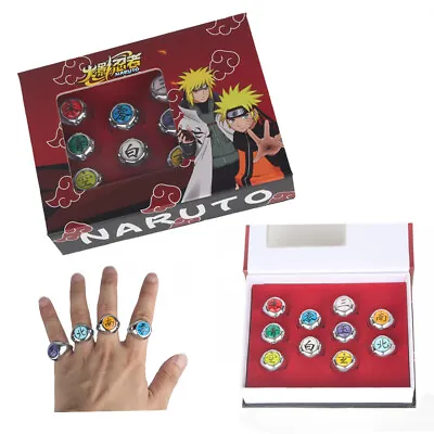 $9.58 • Buy Naruto Akatsuki Rings Set 10pcs With Necklace And Chain Cosplay Itachi Sharingan