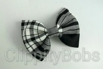 Ladies Girls Handmade Large 4  Black & White Tartan Check Fabric Bow Hair Clips • £4