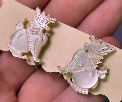 Antique Chinese Qing Dynasty - Republic Mother Of Pearl Carved Foo Dog Earrings • $65