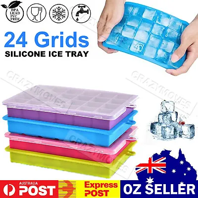 1~4PCS Silicone 24 Grids Ice Cube Tray With Lid Mold Maker Tool Square Mould VIC • $11.95