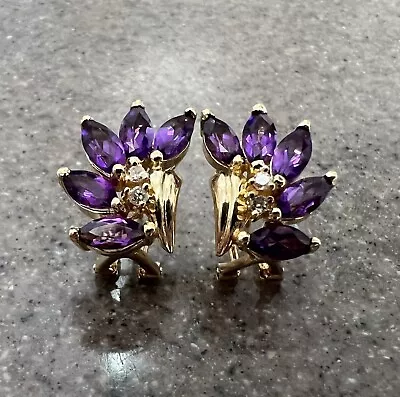 Vintage 14K Yellow Gold Purple Amethyst Diamond Cluster Omega Earrings • $399