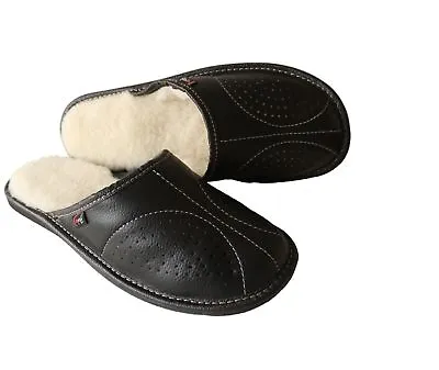 Men's Sheepskin Slippers Mule Slip On Shoe Black Leather Wool Size 7-13 Xmas Gif • £14.79