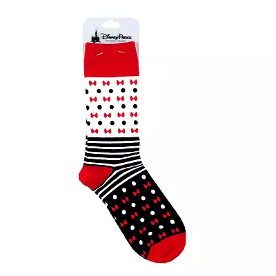 Disney Parks Women Red Black Crew Cotton Dot Stripe Minnie Mouse Bows Socks OS • $16.97