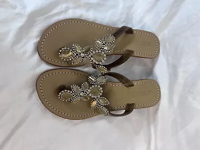 Mystique Crystal Jeweled Gold Leather Thong Wedge Sandals Size 8 • $60