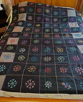 Unusual Vintage Hand Embroidered Snowflake On Wool Patchwork Quilt 80 X 64 • $170.10