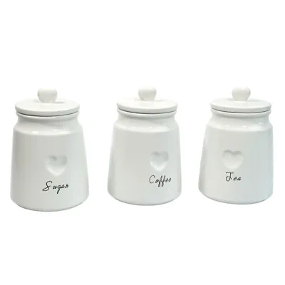 White Tea Coffee Sugar Ceramic Canisters Engrave Heart Storage Jars Set Of 3 • £199.99