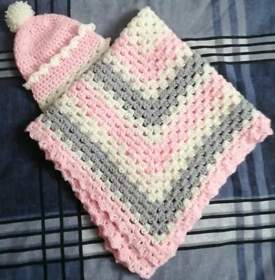 New Hand Crochet Baby Girl Multi Purpose Blanket. Pink Grey&White+Hat L@@K!  • £19.95