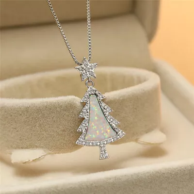 Boho Fashio White Simulated Opal Charm Simple Silver Star Tree Pendant Necklace • $0.22