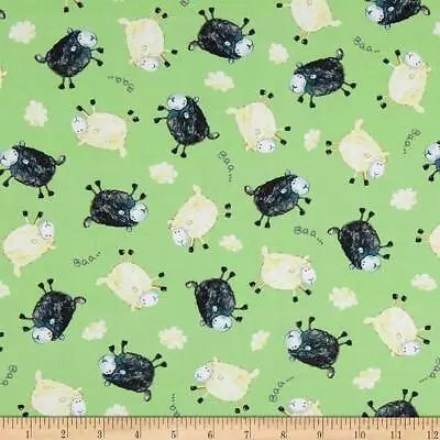 Michael Miller Baa...Baa... Sheep Fabric On Green Background- 100% Cotton BTY • $11.99