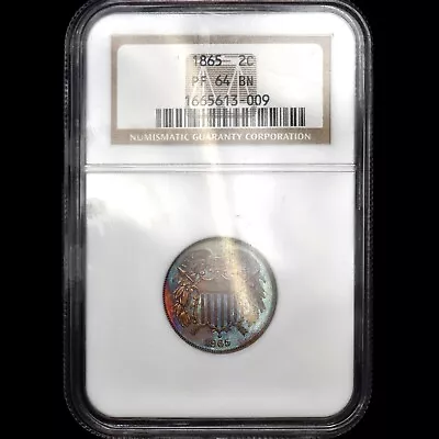 1865 Proof 2 Cent Piece ✪ Ngc Pf-64-bn ✪ 2c Rainbow Toning Toned Coin ◢trusted◣ • $799.95