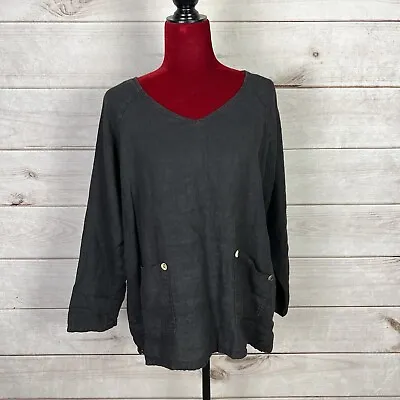 Match Point Black V-Neck Linen Tunic Top Pockets Buttons Lagenlook Sz 1X? • $22.94